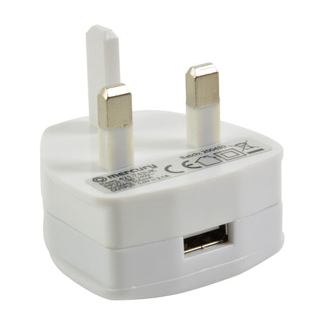 Mercury USB-UK121v2 compact white USB mains charger with UK three-pin plug and single 2.1A USB port, shown on a plain white background.