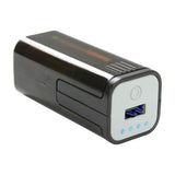 Mercury emergency USB power bank by AVSL in black ABS with white front panel showing USB-A port, power button and four blue LED indicators.