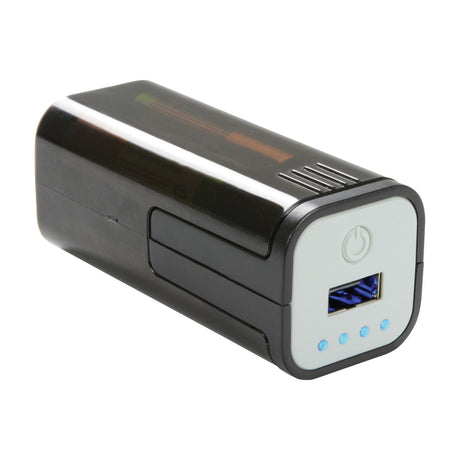 Mercury emergency USB power bank by AVSL in black ABS with white front panel showing USB-A port, power button and four blue LED indicators.