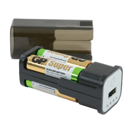 Mercury emergency USB power bank by AVSL with black ABS casing, white front panel, USB-A port, and two GP Super AA batteries beside its translucent cover.