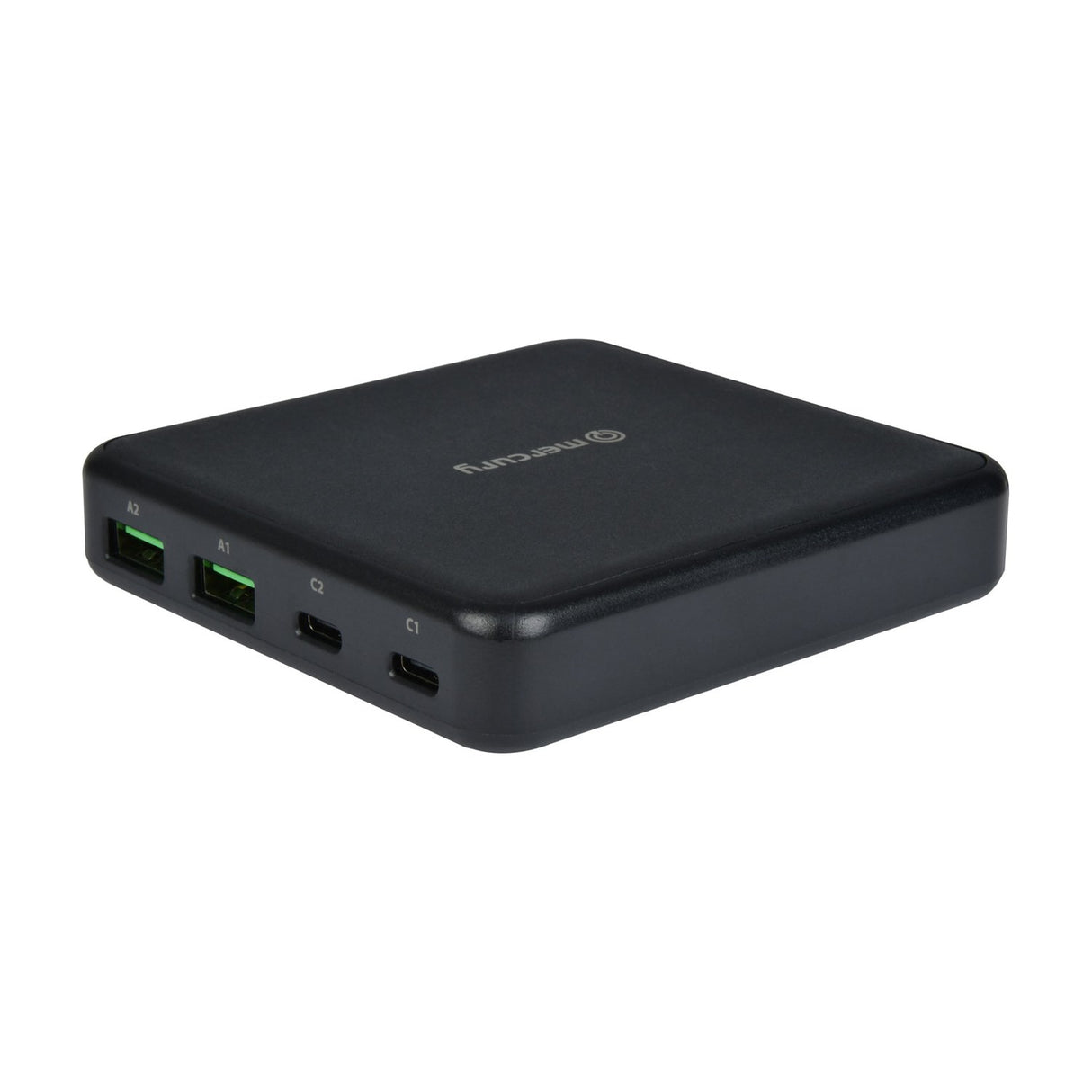 Mercury 65W GaN charger in matt black with rounded square housing, showing two USB-A ports labelled A1 and A2 and two USB-C ports labelled C1 and C2.