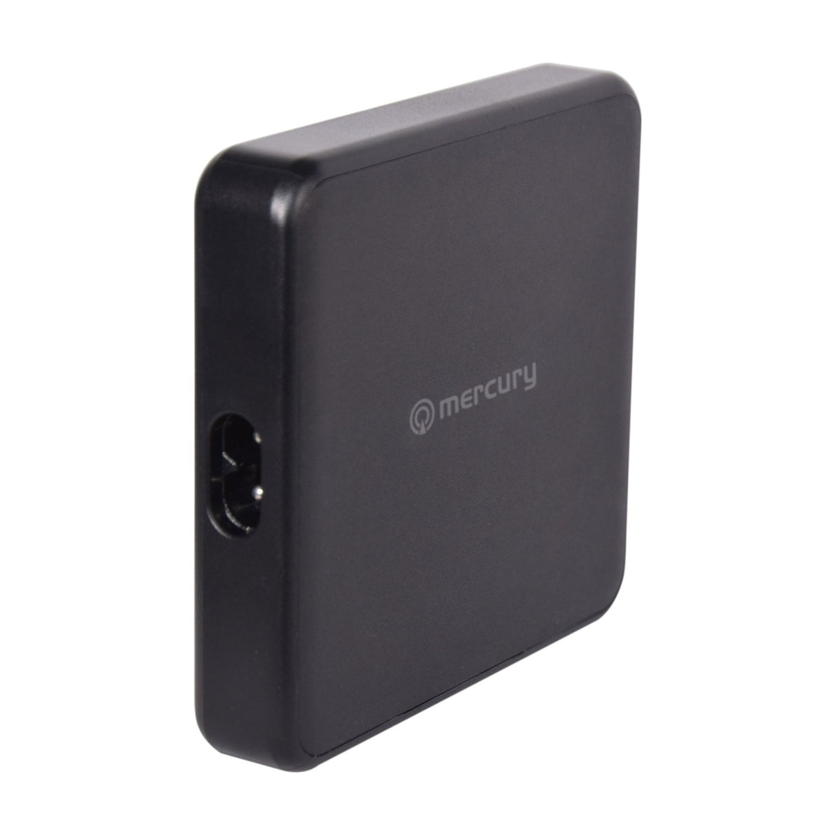 Mercury 65W GaN charger in matt black with rounded corners, figure-8 mains input on the side and printed logo on top, shown on a white background.