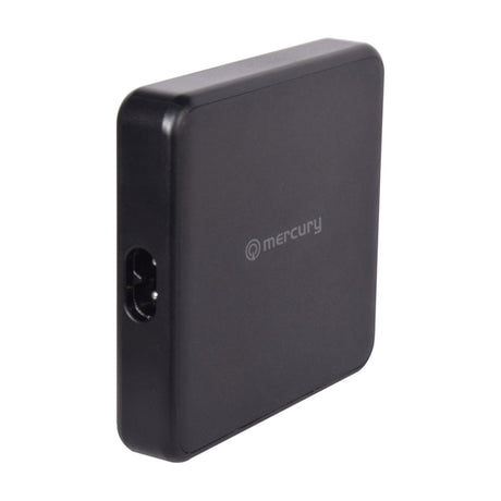 Mercury 65W GaN charger in matt black with rounded corners, figure-8 mains input on the side and printed logo on top, shown on a white background.