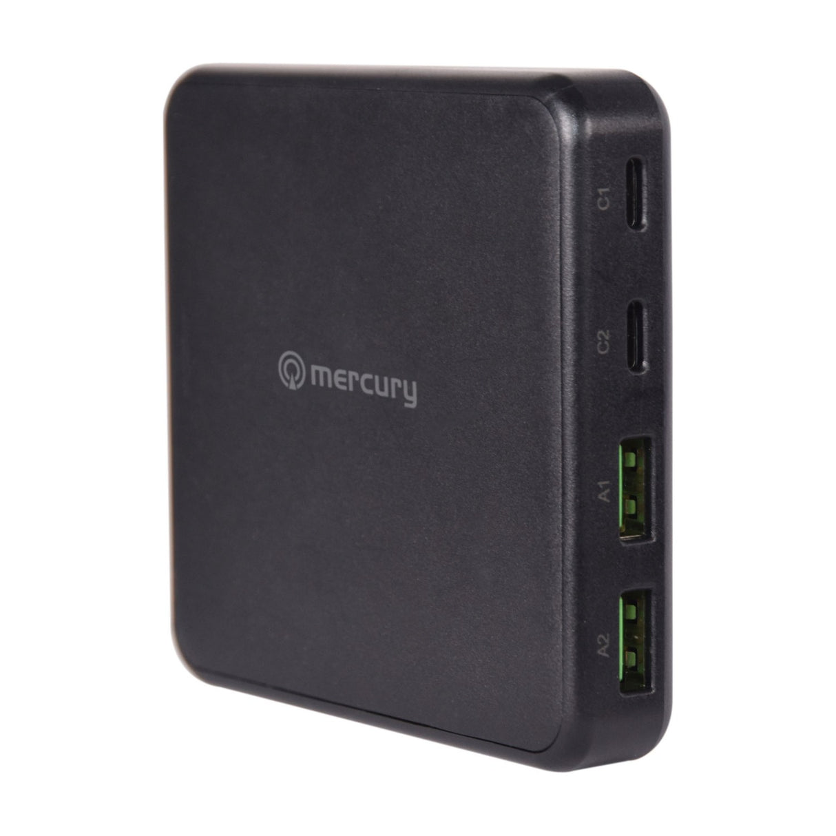 Mercury 65W GaN charger in matt black with two USB-C ports (C1, C2) and two USB-A ports (A1, A2) labelled on the side, on a white background.