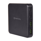 Mercury 65W GaN charger in matt black with two USB-C ports (C1, C2) and two USB-A ports (A1, A2) labelled on the side, on a white background.