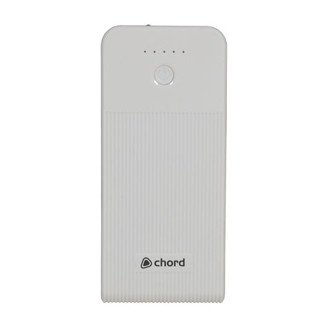 Chord PB-959 10,000mAh pedal power bank in white with textured ribbed casing, single power button, and five LED charge indicators.