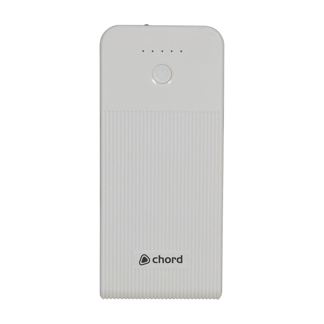 Chord PB-959 10,000mAh pedal power bank in white with textured ribbed casing, single power button, and five LED charge indicators.