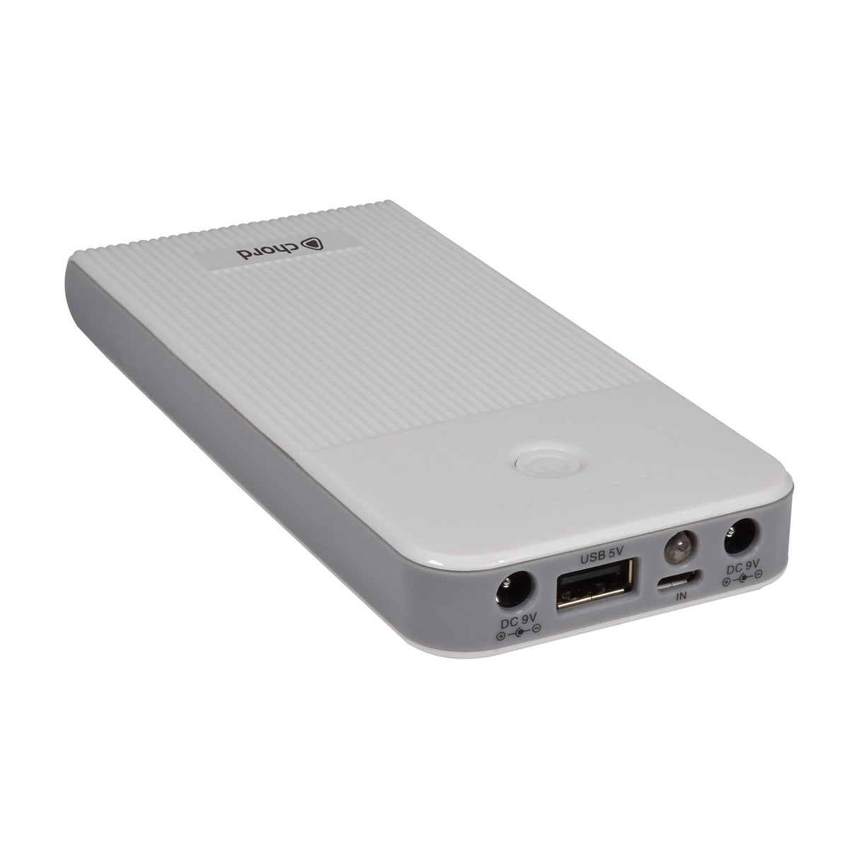 Chord PB-959 10,000mAh white pedal power bank with ribbed casing, showing two 9V DC outputs, USB-A port, micro USB input and LED torch.