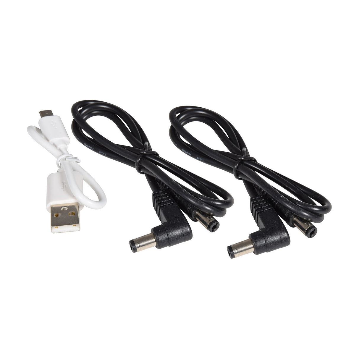 White micro USB charging cable and two black right-angle DC5521 leads supplied with the AVSL Chord PB-959 power bank, on a white background.