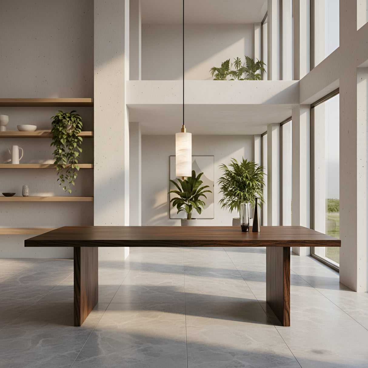 Minimalist dining room with a long wooden table, large windows, and potted plants. The Ardent LED Small Column Alabaster Single Pendant Light in Soft White & Brushed Brass casts a warm glow above. Decor shelves line the left wall for added style.