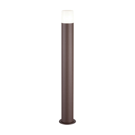 Hoosic 80cm outdoor lamp post in rust-finish aluminium with a slim pole, round base plate and frosted cylinder shade, shown on a plain white background.