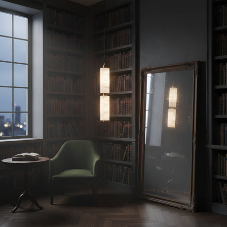 A cozy library corner features a green armchair, round table with an open book, large mirror reflecting the Ardent LED Medium Column Alabaster Single Pendant Light in soft white and brushed brass, bookshelves, and a window with a cityscape at dusk.