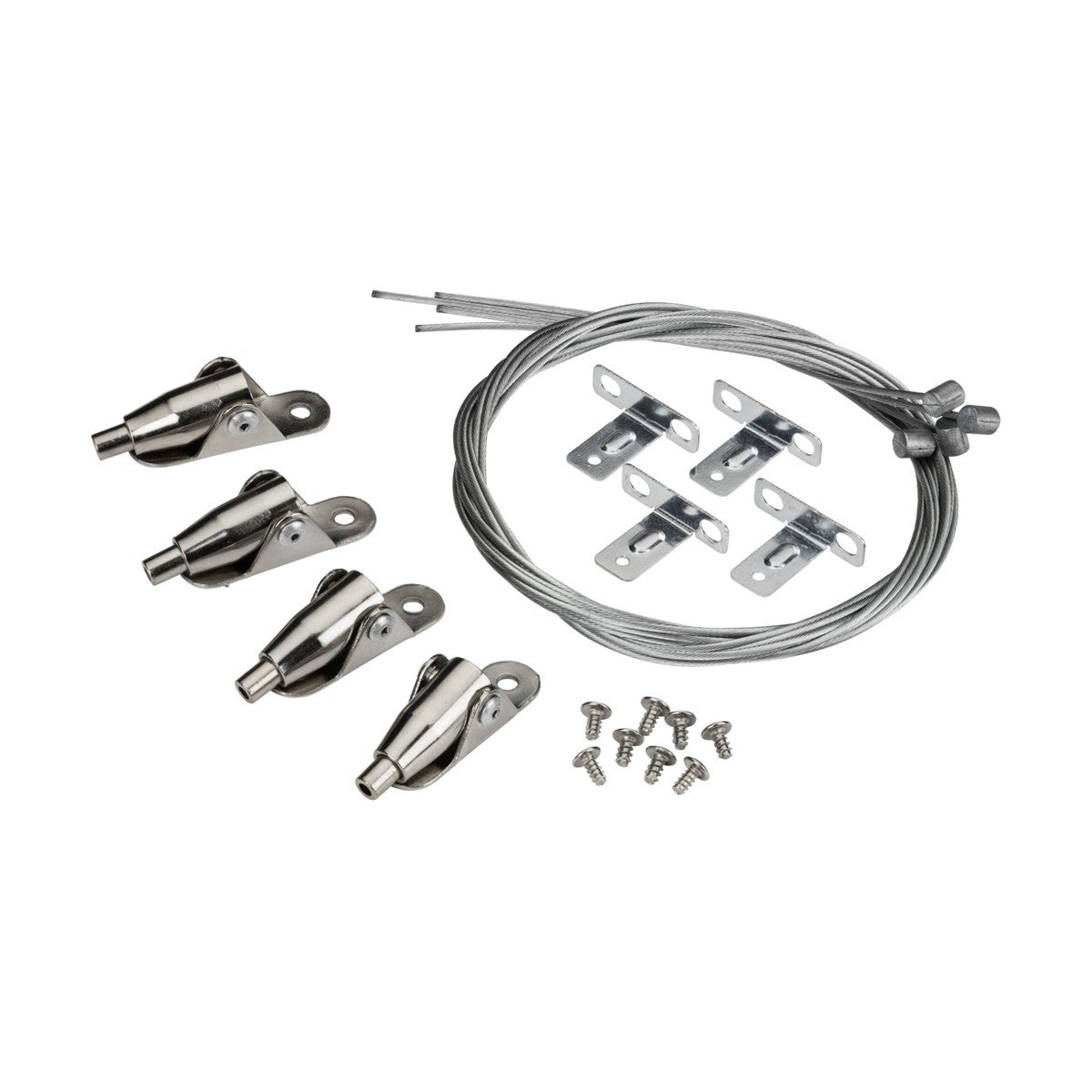 The 600x600 LED Panel Suspension Kit features a coiled cable, four hooks, mounting brackets, and screws, all set against a white background.