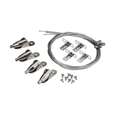 The 600x600 LED Panel Suspension Kit features a coiled cable, four hooks, mounting brackets, and screws, all set against a white background.