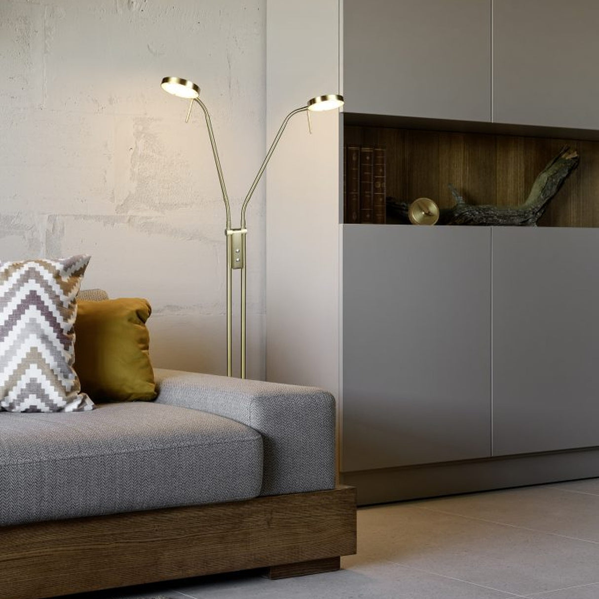 Monza 2 Light LED Floor Lamp – Satin Brass