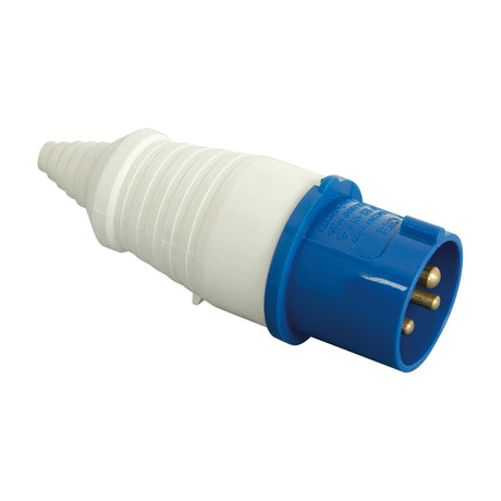 Mercury 16A IP44 waterproof CEE line plug with blue housing, three brass pins, white ribbed body and strain relief gland, on a plain background.