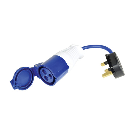 Mercury UK Plug to Ceeform Socket Conversion Lead with moulded 3-pin plug, blue 250mm cable and blue Ceeform socket with hinged weather cap.