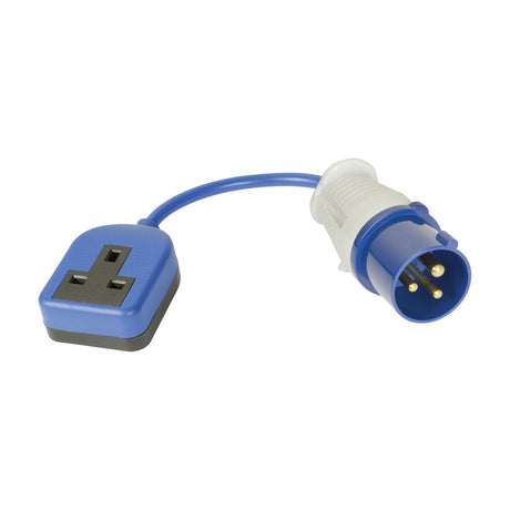 Mercury 13A Ceeform to UK socket trailing adaptor by AVSL with blue industrial 3-pin plug and 1-gang UK socket on a 300mm flexible cable.