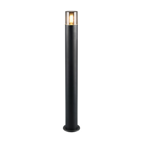 Hoosic 80cm outdoor lamp post in matt black aluminium, slim cylindrical column with smoke-toned diffuser and lit E27 bulb, round base, on a plain white background.