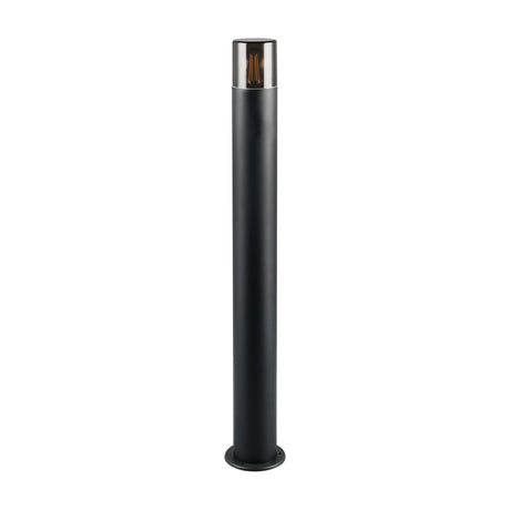Hoosic 80cm Outdoor Lamp Post in matt black aluminium, tall slim cylindrical column with smoke-toned diffuser top for E27 bulb, round base, plain white background.