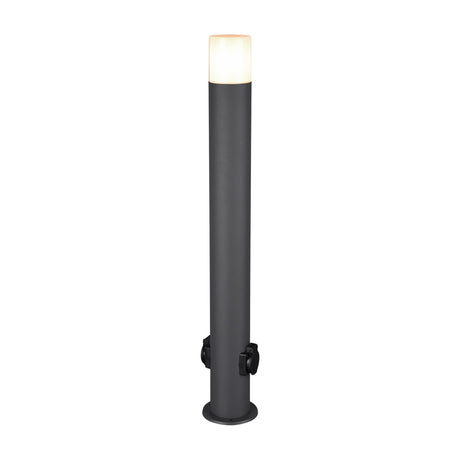 Hoosic 80cm outdoor lamp post with a slim anthracite aluminium column, white cylindrical diffuser top, two built-in sockets, and a round base, shown on a plain white background.