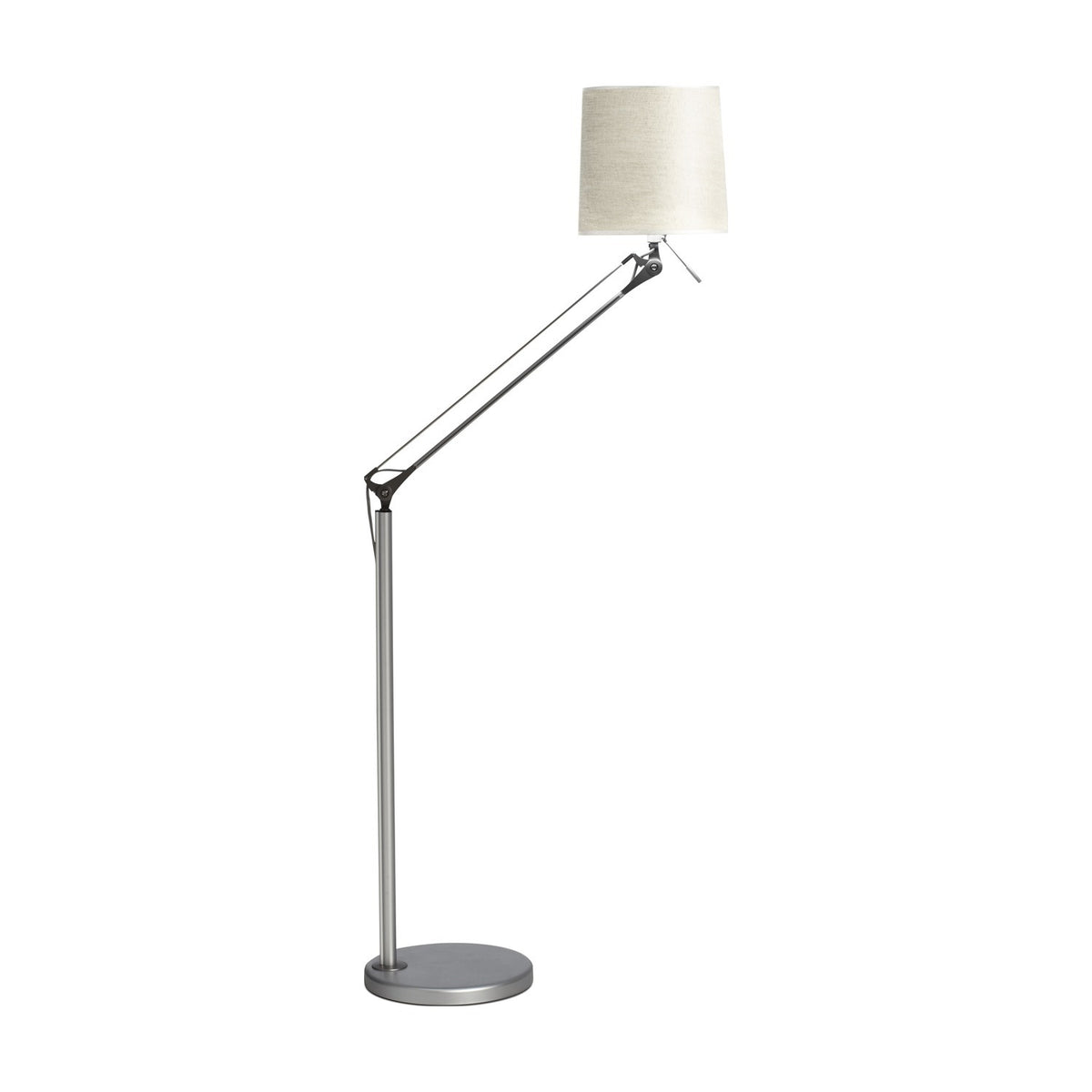Hesmorne adjustable fabric reading floor lamp with round silver base, aluminium stem and angled arm, cream drum shade, shown on a plain white background.