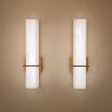 Aurevon LED Alabaster Vertical Panel Wall Light in brushed brass, shown as a pair with rectangular alabaster panels and horizontal brass arm brackets on a neutral background.