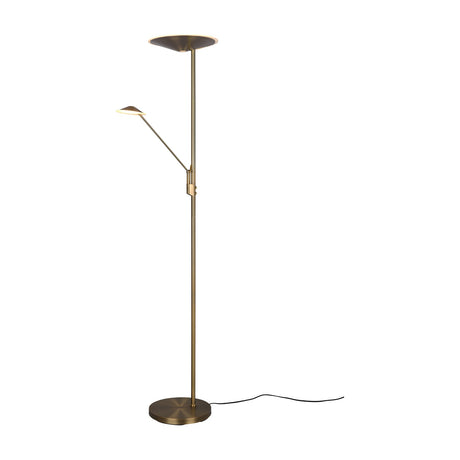 Brantford 2 Light LED floor lamp in antique brass, with an upward-facing round main head and an adjustable jointed reading arm on a slim pole and round base, shown against a plain white background.