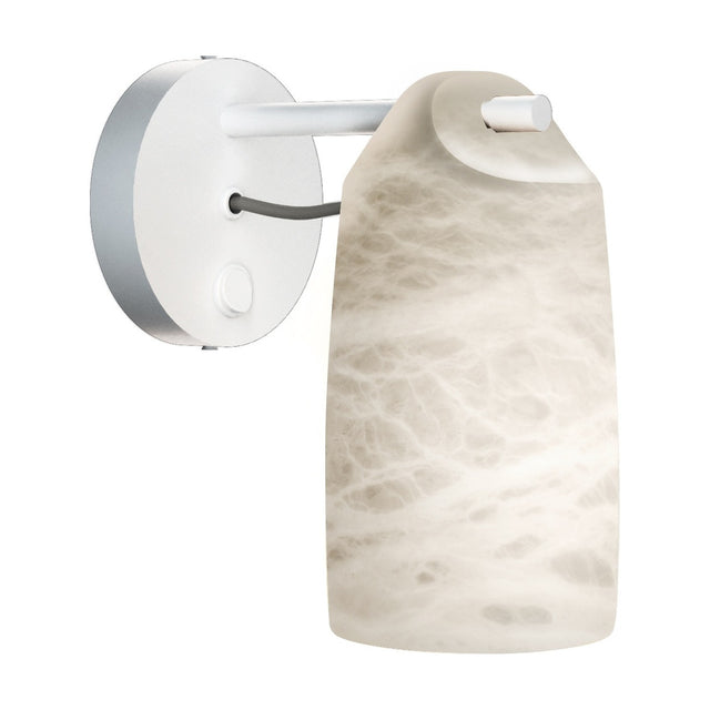 Paros Alabaster Wall Light in white, with a round white backplate, short arm, and a curved alabaster shade showing soft grey veining, on a plain background.