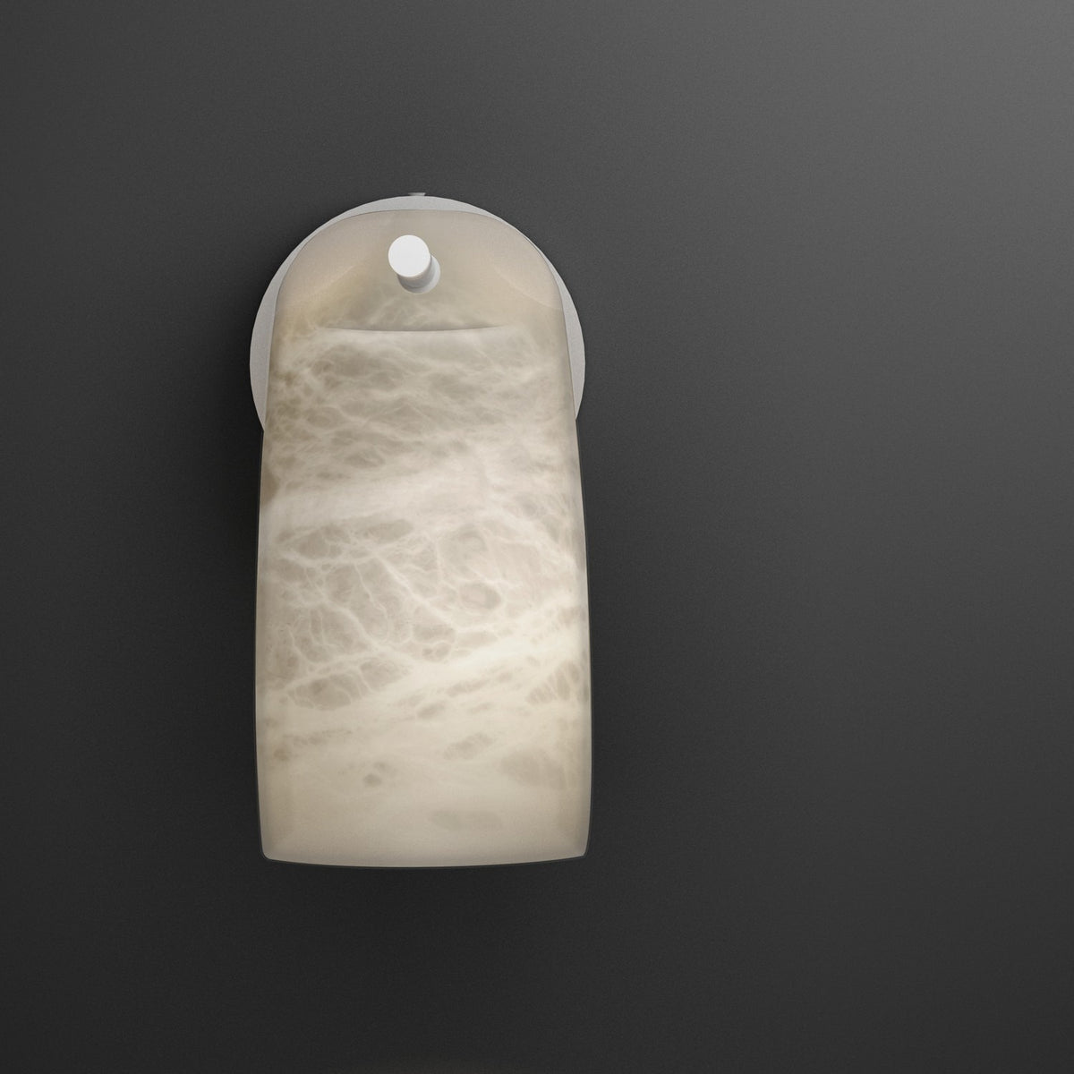 Paros Alabaster Wall Light in White, a curved alabaster shade with soft grey veining on a white iron backplate and arm, shown against a dark background.