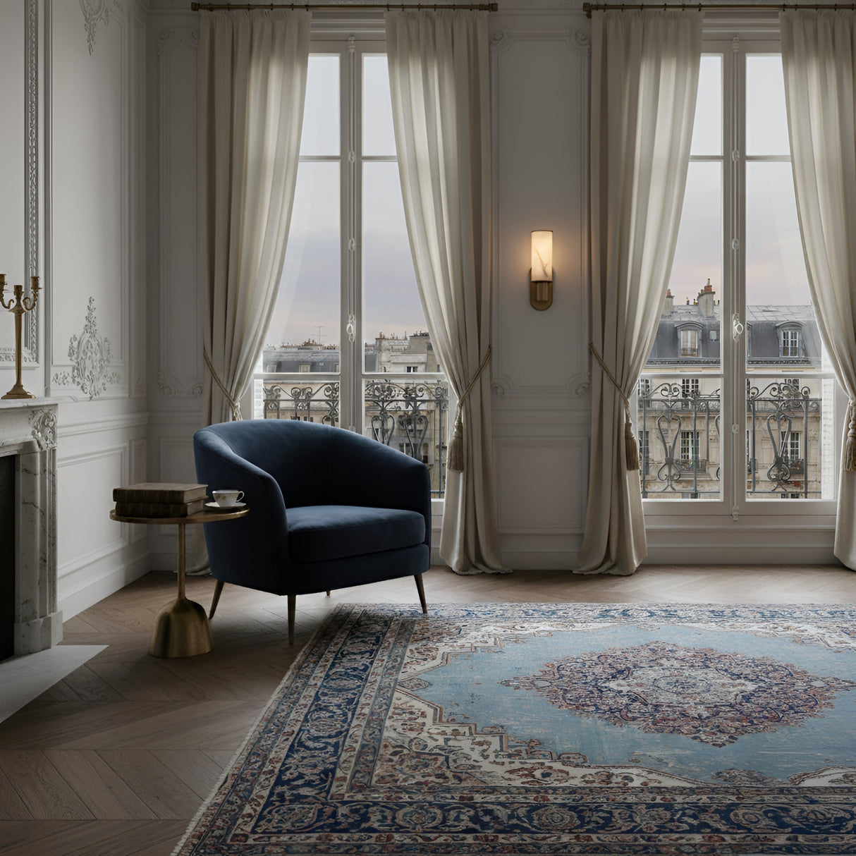 Elegant living room with tall windows, sheer curtains, ornate rug, and a dark blue armchair beside a round table. The Lumara 1 Light Tube Alabaster Wall Light in soft white & brushed brass casts a cozy glow while Parisian rooftops are visible outside.