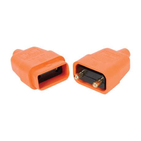 Mercury 2-pin 10A rubber in-line connector by AVSL in orange, showing the socket half beside the plug half with brass pins, on a white background.