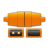 Mercury 2-pin 10A in-line connector by AVSL in orange rubber, separated halves revealing brass pin terminals and socket contacts inside black housings.