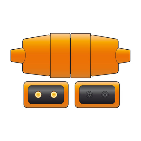 Mercury 2-pin 10A in-line connector by AVSL in orange rubber, separated halves revealing brass pin terminals and socket contacts inside black housings.