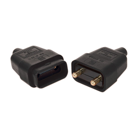 Mercury 2-pin rubber in-line connector 10A in black by AVSL, shown as a pair with socket and pin ends visible, on a plain white background.