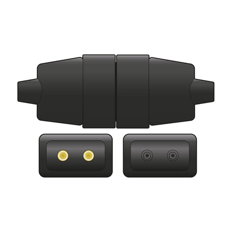 Mercury 2-pin rubber in-line connector in black, shown assembled and separated into two halves revealing brass pins and matching sockets on a white background.