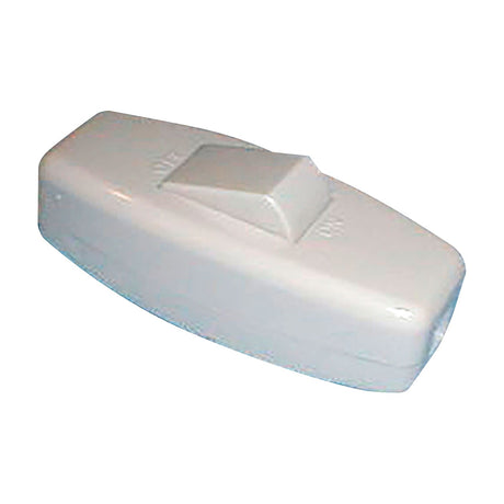 Mercury in-line 6A rocker switch by AVSL in a white moulded ABS enclosure with a raised central rocker, shown on a plain white background.