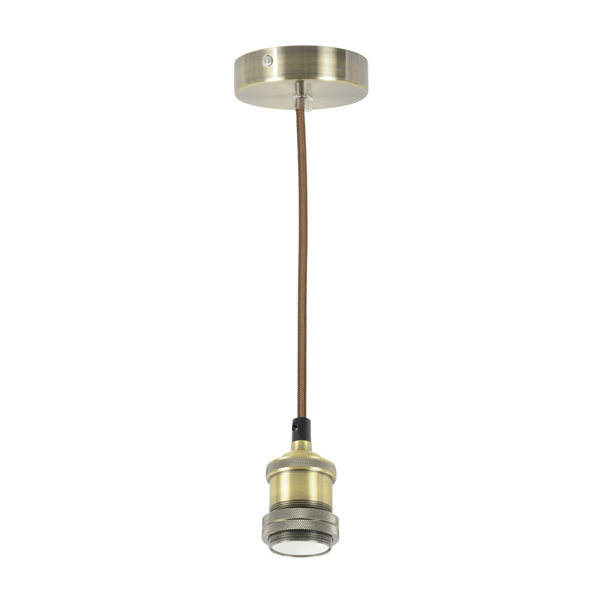 LYYT ES pendant set with antique brass E27 lamp holder, braided brown cord, and round ceiling rose, shown against a plain white background.