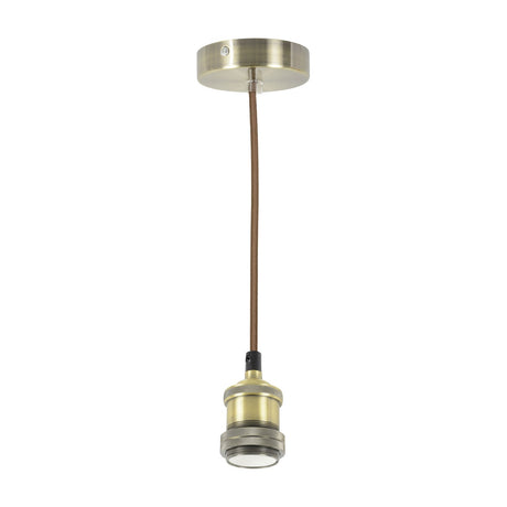 LYYT ES pendant set with antique brass E27 lamp holder, braided brown cord, and round ceiling rose, shown against a plain white background.