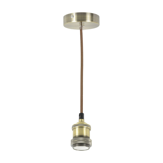LYYT ES pendant set with antique brass E27 lamp holder, braided brown cord, and round ceiling rose, shown against a plain white background.