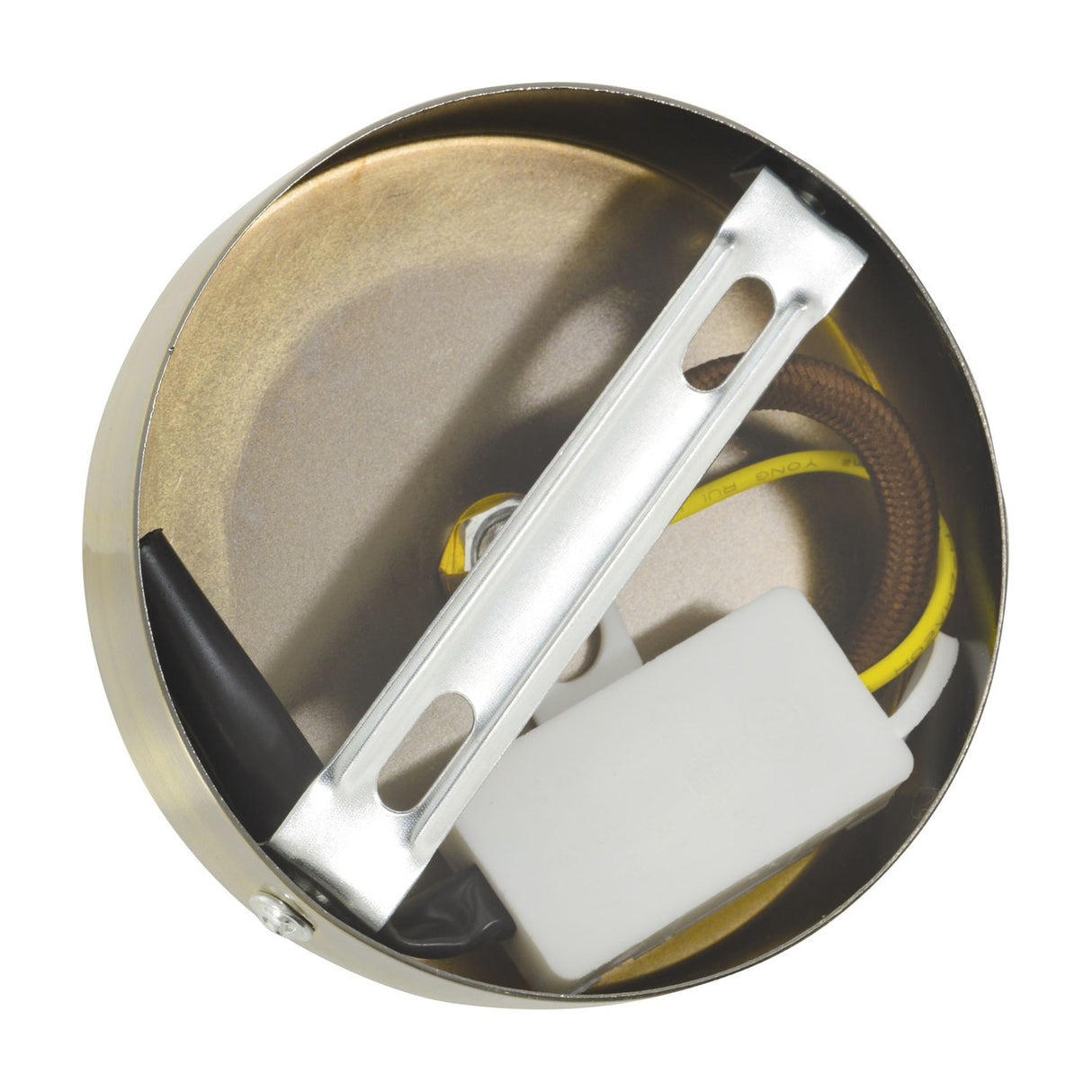 Interior view of the LYYT ES pendant set ceiling rose showing the steel bracket, terminal block, and braided cord connections in antique brass housing.