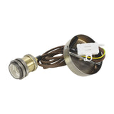 LYYT ES pendant set by AVSL with E27 antique brass lamp holder, braided brown cord, and steel ceiling rose with terminal block, on a white background.