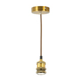 LYYT ES pendant set in antique gold with E27 lamp holder, knurled brass-tone detailing, braided brown cable and 100mm ceiling rose on a white background.