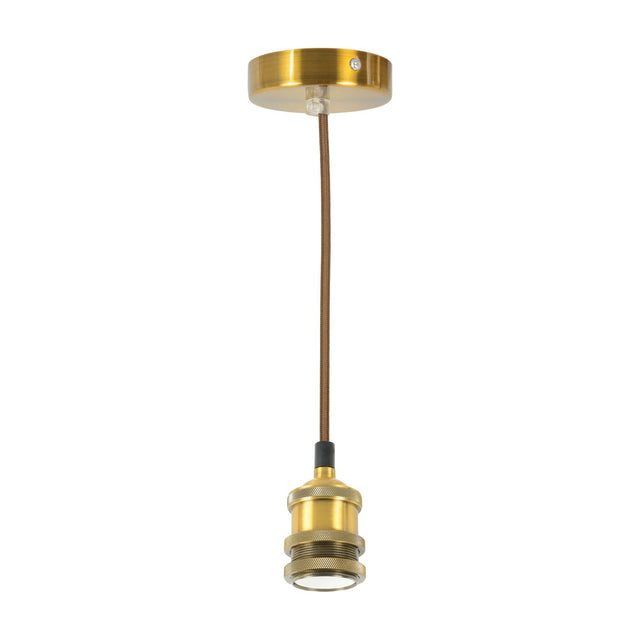LYYT ES pendant set in antique gold with E27 lamp holder, knurled brass-tone detailing, braided brown cable and 100mm ceiling rose on a white background.