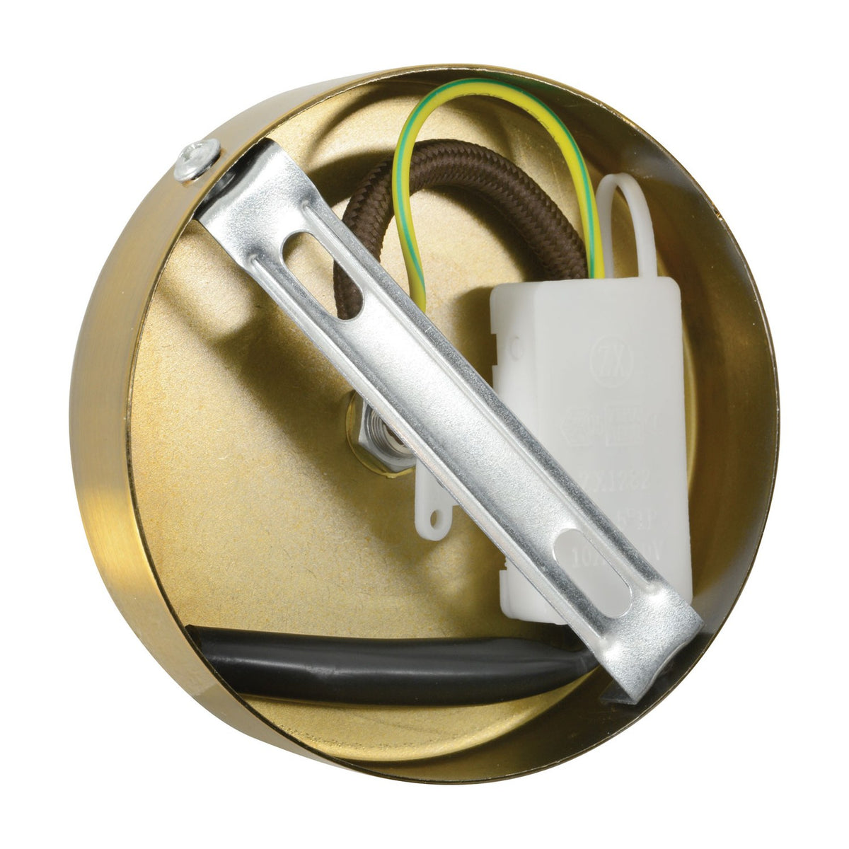 Interior view of the LYYT ES antique gold ceiling rose showing the metal mounting bracket, white terminal block, and braided cable with green-yellow earth wire.