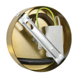 Interior view of the LYYT ES antique gold ceiling rose showing the metal mounting bracket, white terminal block, and braided cable with green-yellow earth wire.