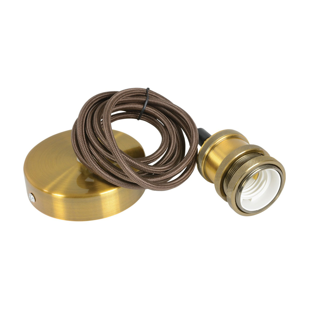LYYT ES pendant set in antique gold with brushed metal E27 lamp holder, knurled shade ring, braided brown cable and matching ceiling rose on white.