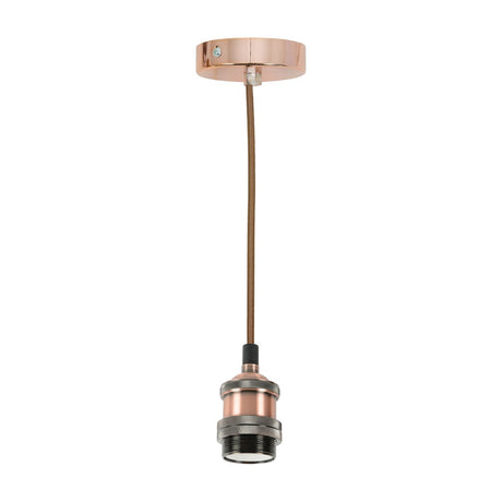 LYYT ES pendant set in antique copper with E27 lamp holder, knurled grip rings, braided cable and 100mm ceiling rose on a white background.