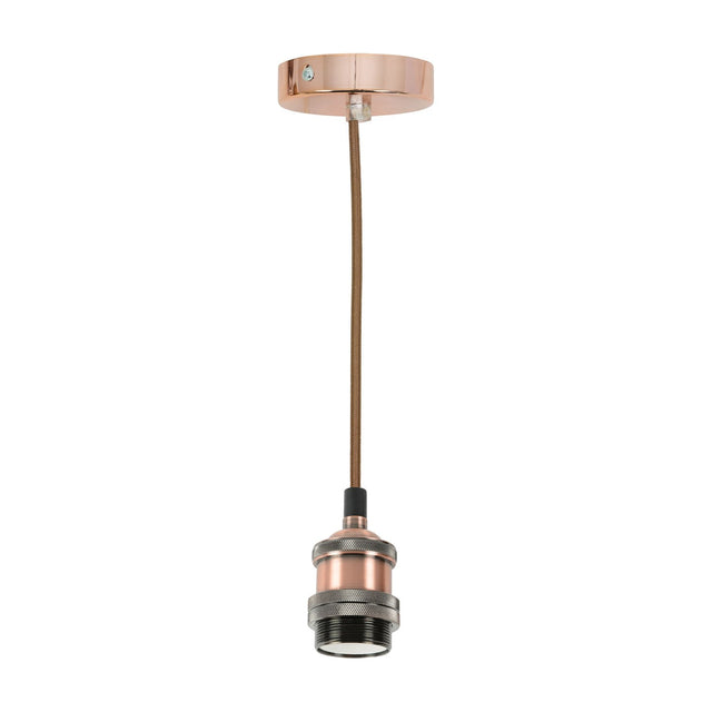 LYYT ES pendant set in antique copper with E27 lamp holder, knurled grip rings, braided cable and 100mm ceiling rose on a white background.