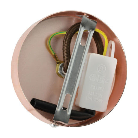 LYYT ES pendant set ceiling rose interior in antique copper, showing braided cable, earth wire, terminal block and mounting bracket on a white background.